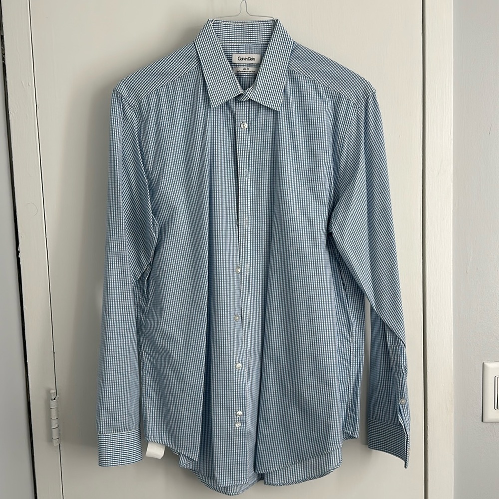 Calvin Klein slim fit white and blue and gray plaid dress shirt
